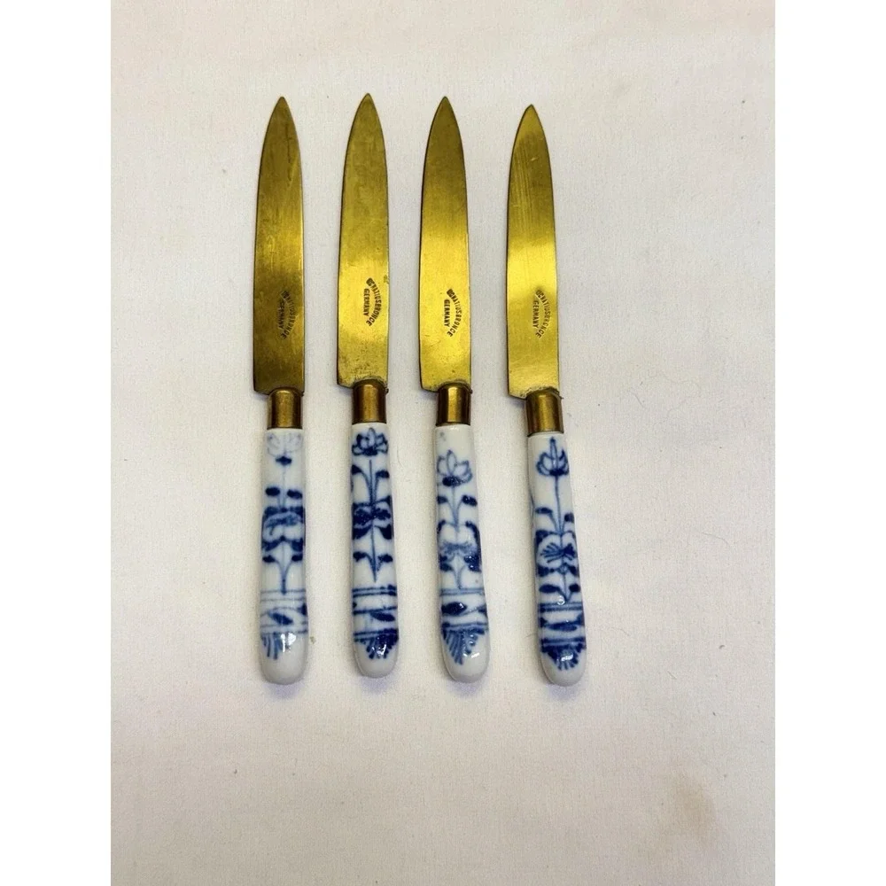 Antique Uchatius Bronce Germany Fruit Knives Set 4 Blue Onion Porcelain